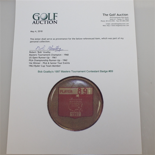 Bob Goalby's 1997 Masters Tournament Contestant Badge #89 - Tiger Woods First Masters Win!