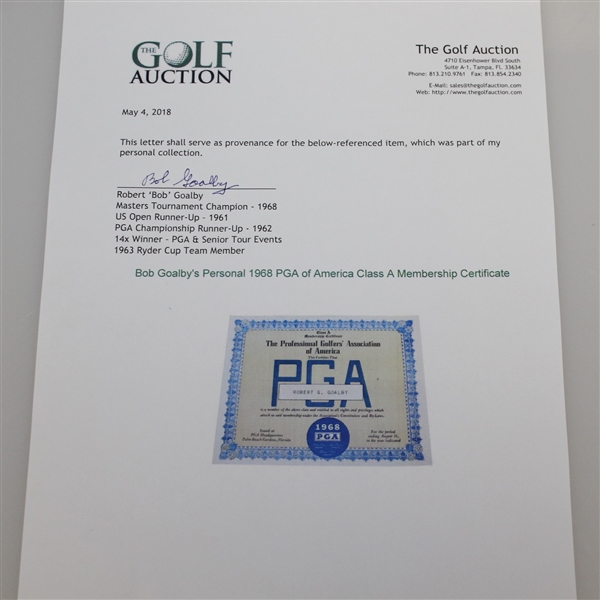 Bob Goalby's Personal 1968 PGA of America Class A Membership Certificate