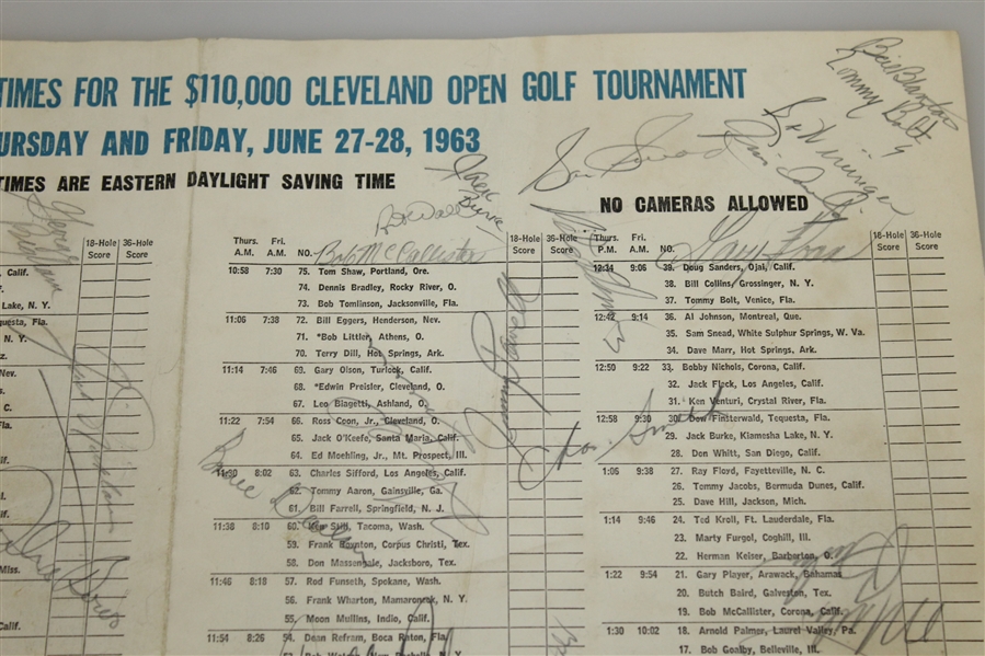 Multi-Signed 1963 Cleveland Open Pairing Sheet - Demaret, Palmer, Wall, Snead, & Others JSA ALOA