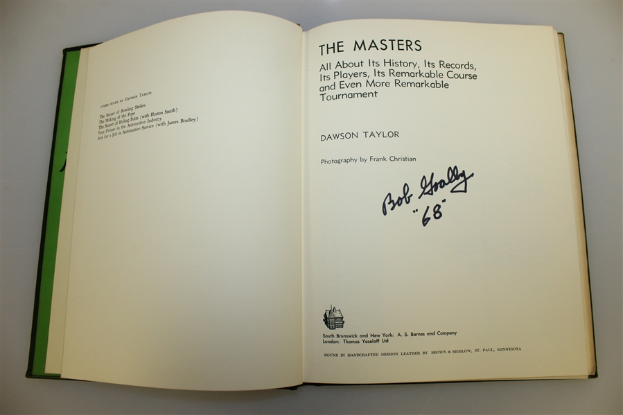 Bob Goalby's Signed Personal 'The Masters: Profile of a Tournament' Book by Dawson Taylor JSA ALOA