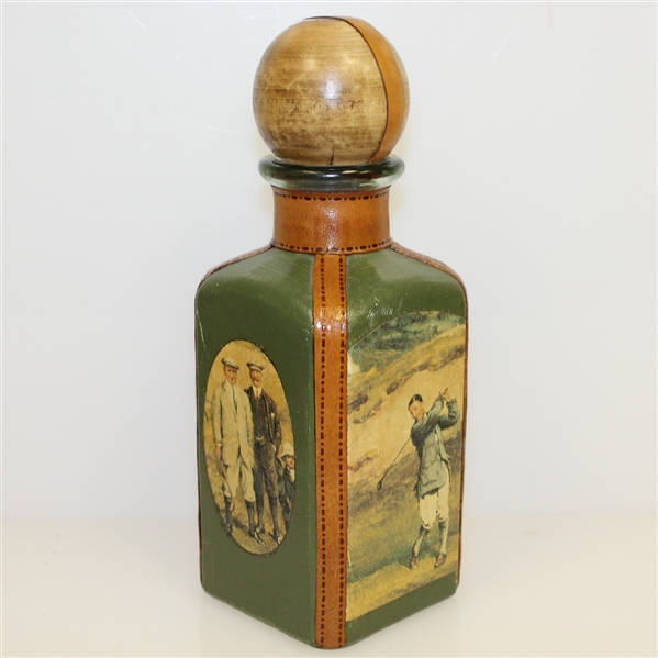 Vintage Fausto Conturi Italian Leather Wrapped Golf Themed Square Decanter with Stopper