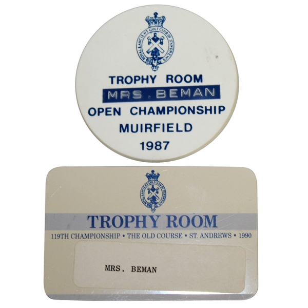 Judy Beman's Open Championship Trophy Room Badges - 1987 & 1990