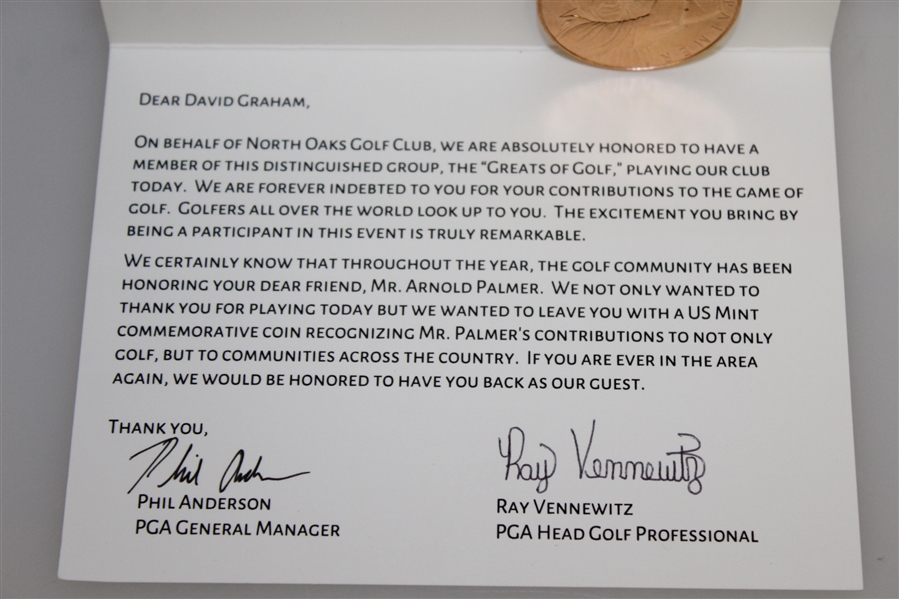 Arnold Palmer Commemorative Coin as Gift from North Oaks to David Graham with Note