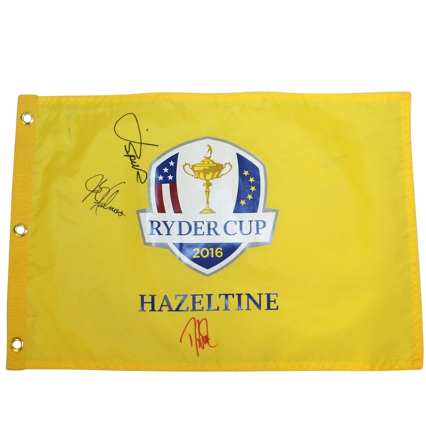 Jordan Spieth, JB Holmes, & Davis Love Signed 2016 Ryder Cup at Hazeltine Flag JSA ALOA