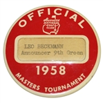 1958 Masters Tournament Officials Badge - Leo Beckmann 9th Green Announcer