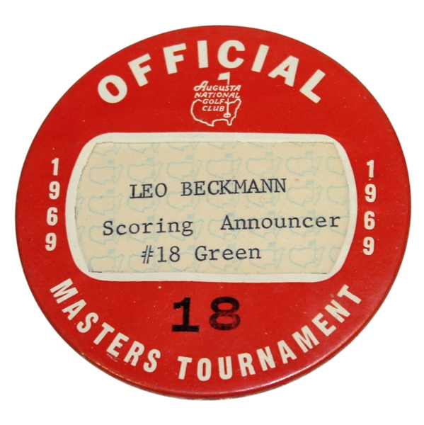 1969 Masters Tournament Officials Badge #18 - Leo Beckmann Scoring Announcer #18 Green