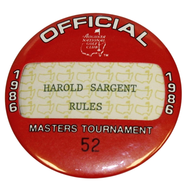 1986 Masters Tournament Officials Badge #52 - Harold Sargent - Rules