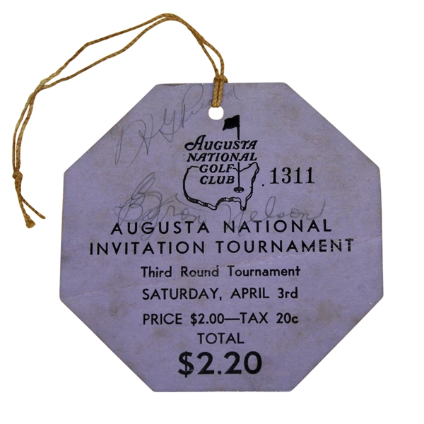 1937 Augusta National Inv. Tournament Saturday Ticket #1311 Signed by Winner Byron Nelson Full JSA #Z71382