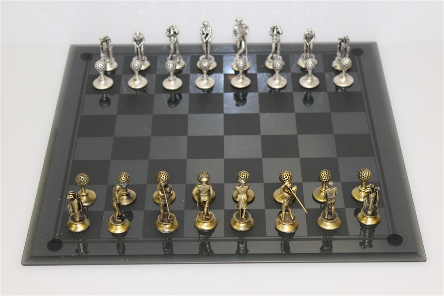 Deluxe Golf Themed Pewter Silver & Gold Colored Chess Pieces on Glass Board