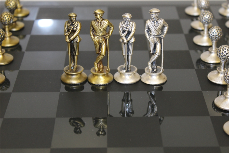 Deluxe Golf Themed Pewter Silver & Gold Colored Chess Pieces on Glass Board