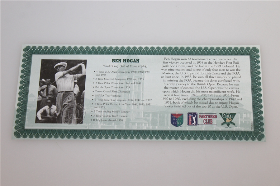 Ben Hogan One Troy Ounce Fine Silver PGA Tour HOF 1974 Commemorative Medal with Certificate