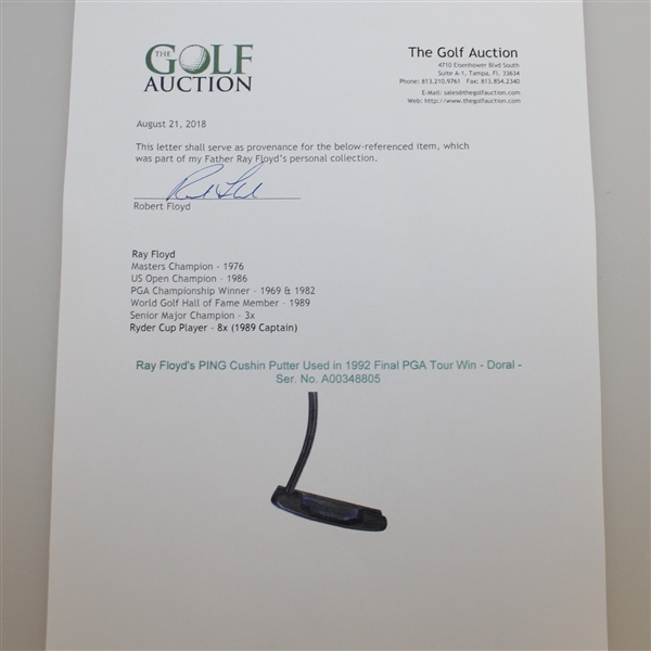 Ray Floyd's PING Cushin Putter Attributed To 1992 Final PGA Tour Win - Doral - Ser. No. A00348805 