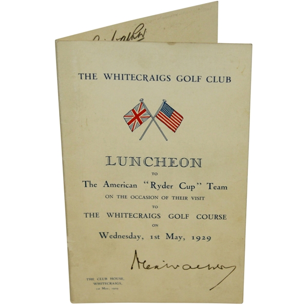1929 Ryder Cup Teams Signed Luncheon Menu - Whitecraigs Golf Course - Hagen, Smith, others JSA ALOA