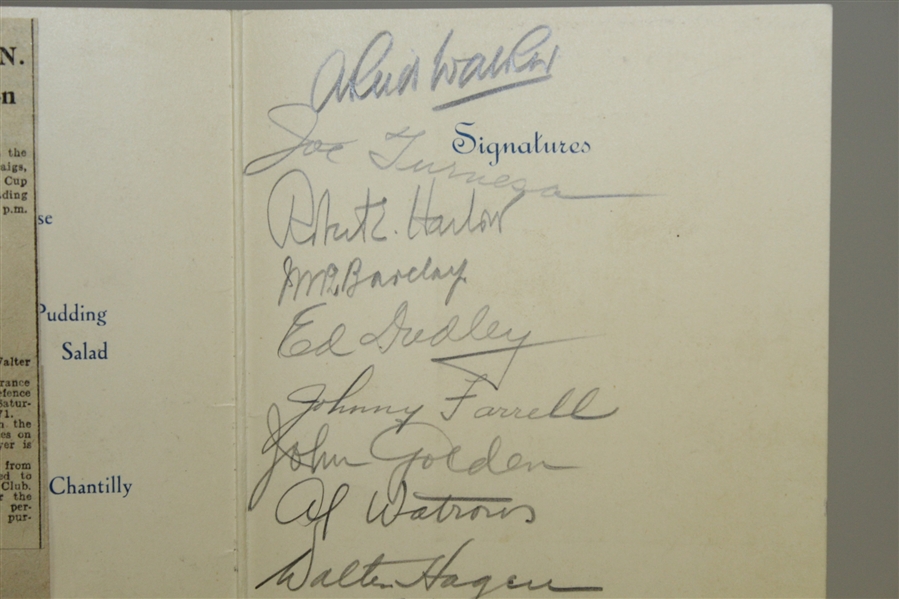 1929 Ryder Cup Teams Signed Luncheon Menu - Whitecraigs Golf Course - Hagen, Smith, others JSA ALOA