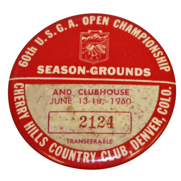 1960 US Open at Cherry Hills Season-Grounds & Clubhouse Badge #2124 - Arnold Palmer Winner