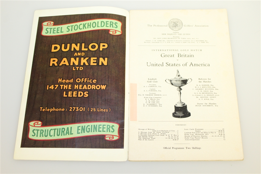 1957 Ryder Cup at Lindrick GC Official Program - GB 7 1/2 - 4 1/2