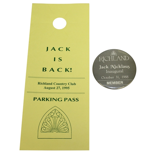 Jack Nicklaus Richland Inaugural 1988 Member Badge & 1995 'Jack is Back' Parking Pass