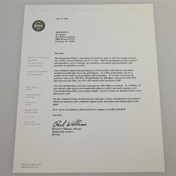 Ben Hogan's 1994 PGA Class-A Certificate with Letter