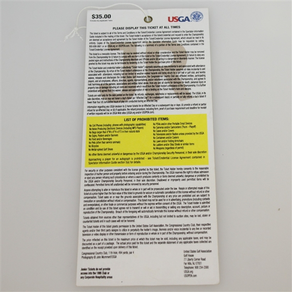 Rickie Fowler Signed 2011 US Open at Congressional Thursday Ticket JSA ALOA