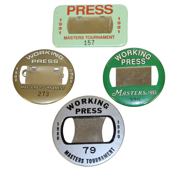 Four Masters Tournament Working Press Badges - 1980, 1988, 1991, & 1993