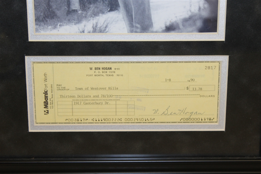 Ben (William B.) Hogan Signed Check to Town of West Hills with Photo - Framed JSA ALOA