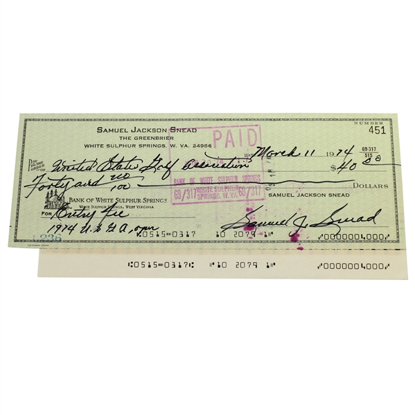 Sam Snead Signed 1974 Personal Check to the USGA for US Open Entry Fee JSA ALOA