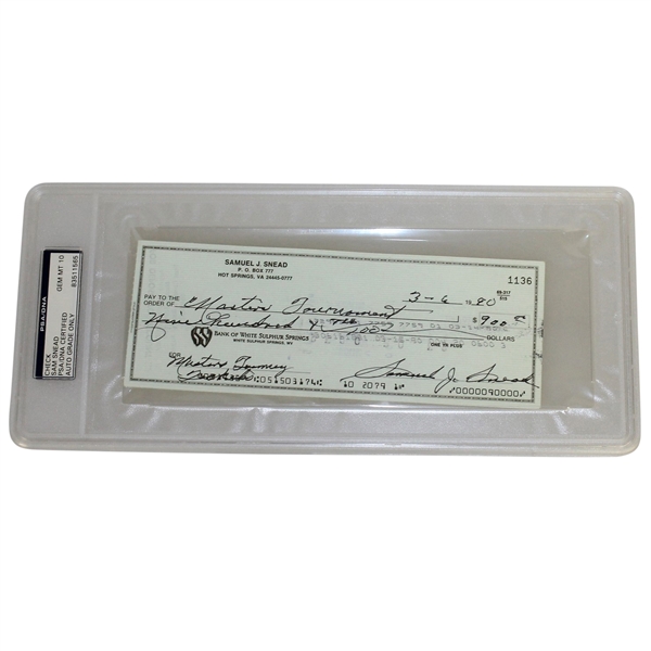 Sam Snead Signed 1990 Personal Check to the Masters Tournament PSA/DNA #83511565