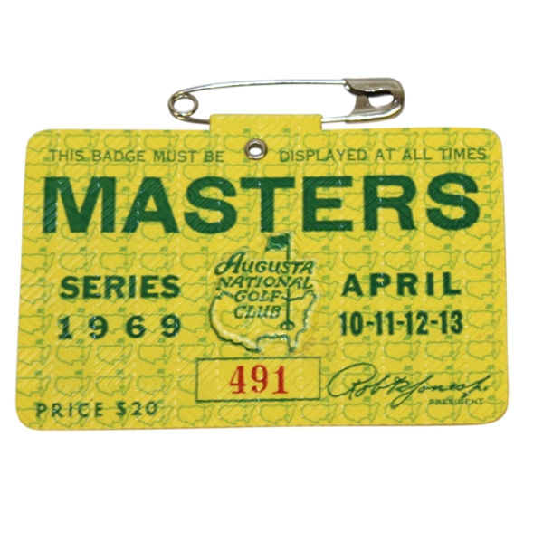 1969 Masters Tournament Series Badge #491 - Tommy Aaron Winner - Low Number