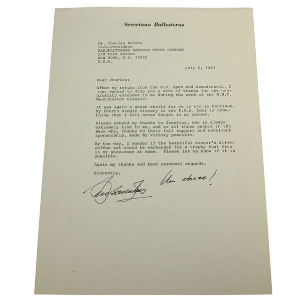 Seve (Severiano) Ballesteros Signed Typed Letter on Seve Letterhead - 1983 JSA ALOA