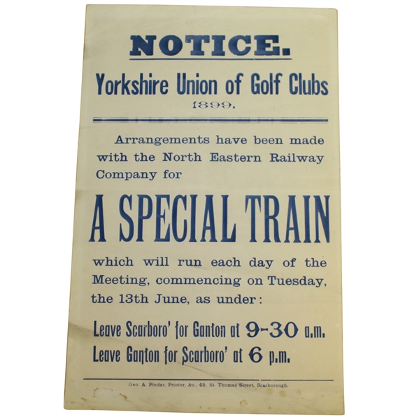 1899 Yorkshire Union of Golf Clubs North Eastern Railway Co. Train Schedule Announcement Sheet