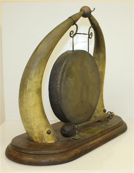 Art Deco Golf Themed Animal Horn Table Gong with Vintage Golfer - Includes Hammer