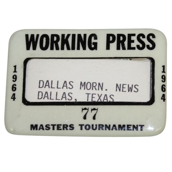 1964 Masters Tournament Working Press Badge #77 - Palmer 4th & Final Masters Win
