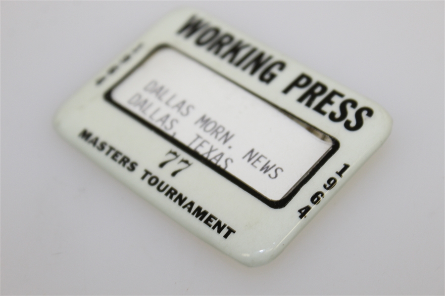 1964 Masters Tournament Working Press Badge #77 - Palmer 4th & Final Masters Win
