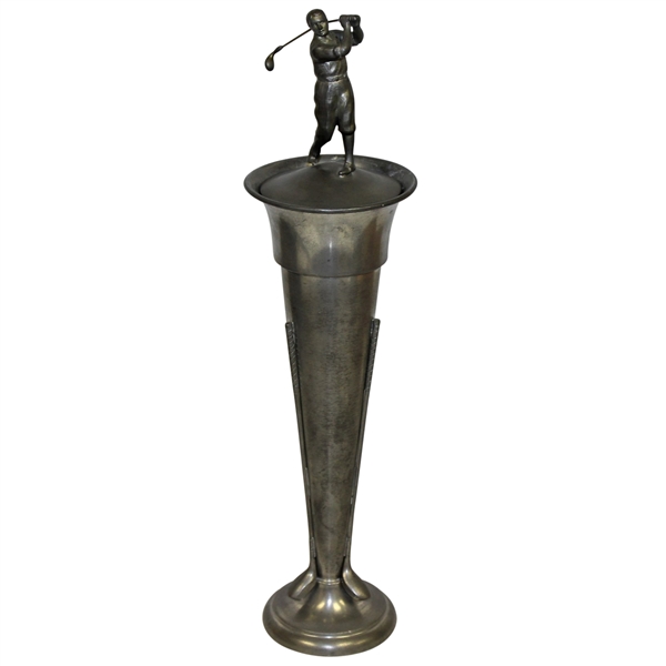 Large Golf Club Lined/Themed Revere Pewter Vase with Figural Golfer Stopper - Revere Pewter