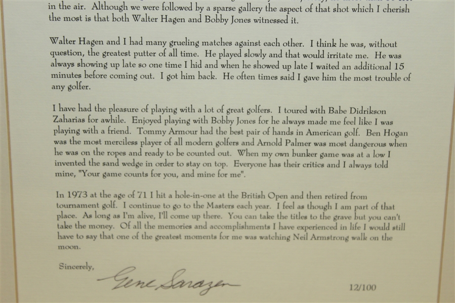 Gene Sarazen 'The Squire' Signed Ltd Ed 12/100 Letter & Signed Photo - Framed JSA ALOA
