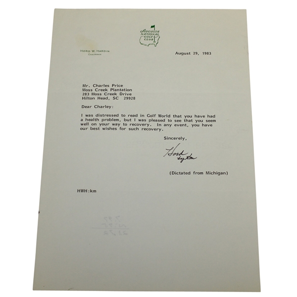 Augusta National Hord Hardin Signed Letter to Charles Price August 29, 1983 - Secretarial