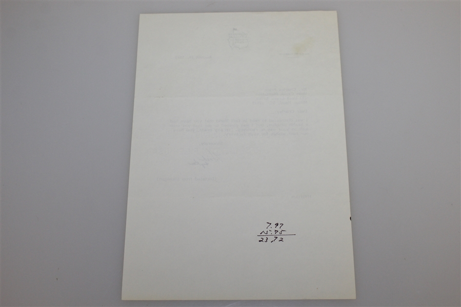 Augusta National Hord Hardin Signed Letter to Charles Price August 29, 1983 - Secretarial