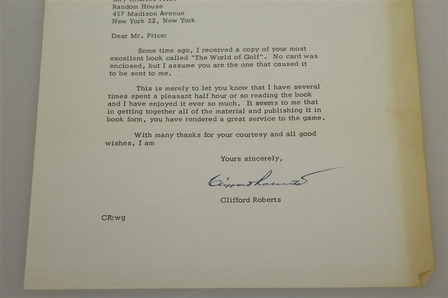 Augusta National Clifford Roberts Signed Letter to Charles Price March 18, 1963 JSA ALOA