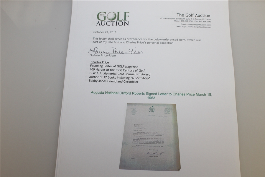 Augusta National Clifford Roberts Signed Letter to Charles Price March 18, 1963 JSA ALOA