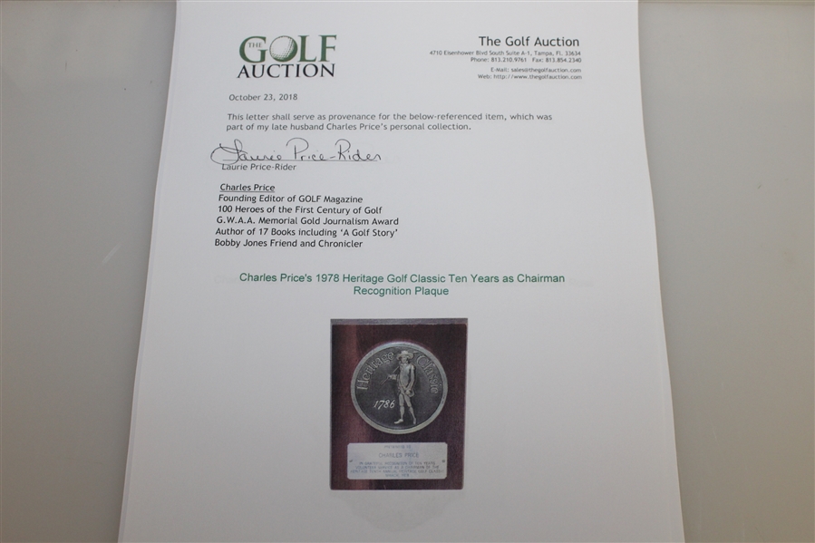 Charles Price's 1978 Heritage Golf Classic Ten Years as Chairman Recognition Plaque