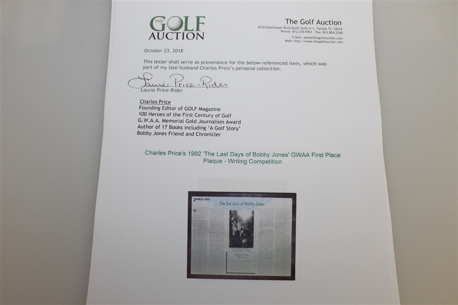 Charles Price's 1992 'The Last Days of Bobby Jones' GWAA First Place Plaque - Writing Competition