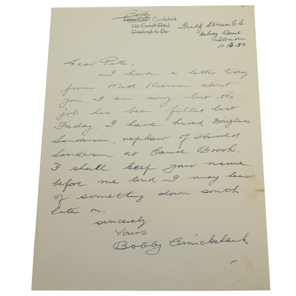 Bobby Cruickshank (D-1975) Signed Letter Golf H.O.F. - Top 1920's Pro JSA ALOA