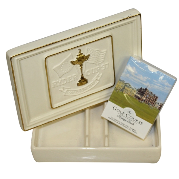 Ryder Cup 1997 Valderrama Porcelain Card Holder with Comm. Playing Cards by Artist Bill Waugh