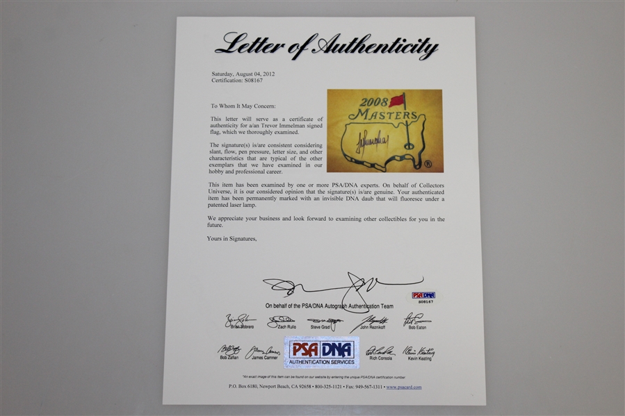 Trevor Immelman Signed 2008 Masters Embroidered Flag FULL PSA/DNA #S08167
