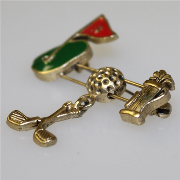 Art Deco Golf Ball & Golf Hole with Flag Pendant and Sliding Crossed Golf Clubs Charm