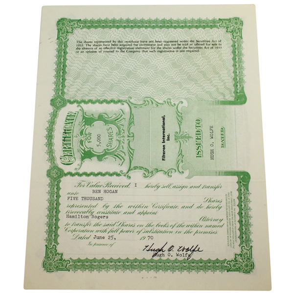 Ben Hogan's 1970 Filteron International, INC. Stock Certificate