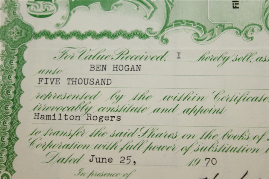 Ben Hogan's 1970 Filteron International, INC. Stock Certificate