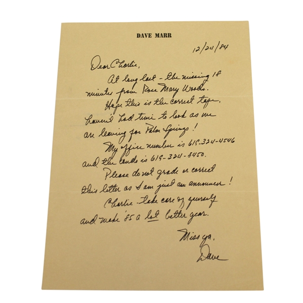 Dave Marr Signed Handwritten Letter to Charles Price - December 24, 1984 JSA ALOA