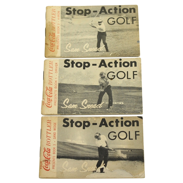 Three Sam Snead Coca-Cola Stop Action Golf Flip Books - Driver, 4-Iron, & Sand Wedge