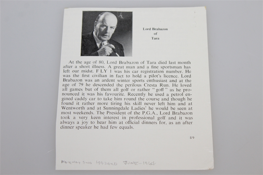 Lord Brabazon of Tara (D-1964) Captain of the R&A Golf Club Signed Letter JSA ALOA